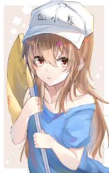 Rule 34 | 10s, 1girl, bare shoulders, blue shirt, brown eyes, brown hair, character name, clothes writing, collarbone, commentary request, flag, flat cap, hair between eyes, hands up, hat, hataraku saibou, highres, holding, holding flag, long hair, looking at viewer, off shoulder, parted lips, platelet (hataraku saibou), poono, shirt, short sleeves, solo, upper body, very long hair, white hat