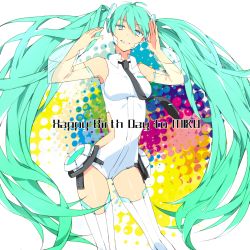 Rule 34 | 1girl, bad id, bad pixiv id, character name, detached sleeves, green eyes, green hair, happy birthday, hatsune miku, highres, long hair, matching hair/eyes, mochida64, necktie, see-through, solo, thighhighs, twintails, very long hair, vocaloid