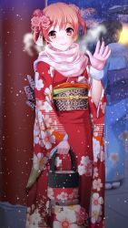 Rule 34 | 1girl, blush, checkered clothes, checkered scarf, closed mouth, double bun, doukyuusei another world, floral print, flower, fur-trimmed gloves, fur trim, game cg, gloves, hair between eyes, hair bun, hair flower, hair ornament, hair ribbon, holding, japanese clothes, kimono, long sleeves, obi, official art, orange hair, outdoors, pink flower, pink gloves, pink scarf, print kimono, red eyes, red kimono, red ribbon, ribbon, sash, scarf, sendou airi, short hair, smile, snowing, solo focus, wide sleeves, yukata