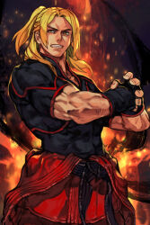 Rule 34 | 1boy, belt, biceps, black belt, black gloves, black shirt, blonde hair, brown eyes, capcom, clothes down, covered abs, dougi, fingerless gloves, fire, gloves, hungry clicker, ken masters, long hair, male focus, muscular, muscular male, pants, parted lips, ponytail, red pants, shadow, shirt, short sleeves, sidelocks, smile, solo, sparks, street fighter, taut clothes, taut shirt