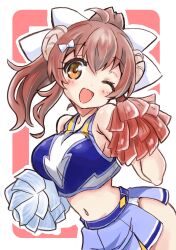 Rule 34 | 1girl, alternate costume, bare shoulders, bare stomach, blue shirt, blue skirt, blush, bow, breasts, brown eyes, cheerleader, cowboy shot, crop top, ehime (ehime mikan), female focus, from side, hair bow, head tilt, highres, horns, large breasts, leaning forward, long hair, looking at viewer, machikado mazoku, one eye closed, open mouth, pom pom (cheerleading), ponytail, red background, red hair, shirt, simple background, skirt, sleeveless, sleeveless shirt, smile, solo, two-tone background, two-tone shirt, w arms, white background, white bow, white shirt, wink, yoshida yuuko (machikado mazoku)