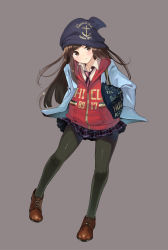 Rule 34 | 1girl, anchor symbol, bad id, bad pixiv id, bag, beanie, black pantyhose, blue jacket, brown eyes, brown footwear, brown hair, collared shirt, full body, furukawa itsuse, hands in pockets, hat, head tilt, highres, jacket, leaning forward, long hair, looking at viewer, necktie, original, pantyhose, plaid, plaid skirt, shirt, shoes, simple background, skirt, smile, solo, sweater, white shirt