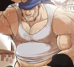 Rule 34 | 1boy, abs, arm hair, armpit hair, armpit hair peek, bandana, bara, beard stubble, big belly, big nose, blue bandana, blue eyes, chest hair, clenched teeth, facial hair, facial scar, fat, fat man, final fantasy, final fantasy viii, hairy, highres, large pectorals, looking down, male focus, mature male, midriff peek, muscular, muscular male, mustache stubble, navel hair, nipples, one eye closed, otsukimi, out-of-frame censoring, paid reward available, pectoral cleavage, pectorals, scar, scar on cheek, scar on face, scar on mouth, sidepec, solo, stomach, strongman waist, stubble, sweat, sweaty clothes, tank top, teeth, thick arms, veins, veiny arms, very sweaty, ward zabac, white tank top