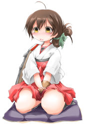 Rule 34 | 1girl, ahoge, anbee (arary), black socks, blush, brown gloves, brown hair, embarrassed, female focus, folded ponytail, full body, gloves, green ribbon, hair ornament, hair ribbon, hakama, hakama short skirt, hakama skirt, japanese clothes, kantai collection, kasuga maru (kancolle), kneehighs, open mouth, own hands together, peeing, peeing self, puddle, ribbon, seiza, simple background, single glove, sitting, skirt, smile, socks, solo, v arms, wet, wet clothes, white background, yellow eyes