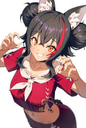 1girl absurdres animal_ear_fluff animal_ears black_choker black_hair breasts choker chyko cropped_shirt double_bun hair_bun highres hololive long_hair looking_at_viewer medium_breasts multicolored_hair navel official_alternate_costume ookami_mio ookami_mio_(another_ookami_mio) orange_eyes red_hair red_shirt red_skirt sailor_collar shirt skirt smile solo streaked_hair tail virtual_youtuber white_background white_sailor_collar wolf_ears wolf_girl wolf_tail