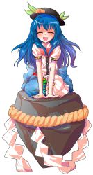 Rule 34 | 1girl, alphes (style), bad id, bad pixiv id, blue hair, blush, closed eyes, dairi, food, fruit, hat, hinanawi tenshi, long hair, open mouth, parody, peach, puffy sleeves, rock, rope, shimenawa, shirt, short sleeves, sitting, sitting on rock, skirt, smile, solo, style parody, touhou, transparent background, very long hair