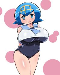 Rule 34 | 1girl, abarai (abarabone), alternate breast size, bare shoulders, blue eyes, blue hair, blue one-piece swimsuit, blue sailor collar, blush, breasts, collarbone, covered navel, creatures (company), crop top, female focus, game freak, hairband, happy, huge breasts, jpeg artifacts, lana (pokemon), legs together, looking at viewer, matching hair/eyes, nintendo, one-piece swimsuit, open mouth, pink background, pokemon, pokemon sm, sailor collar, shiny clothes, shiny skin, shirt, short hair, simple background, skindentation, sleeveless, sleeveless shirt, smile, solo, standing, swimsuit, swimsuit under clothes, trial captain, two-tone background, white shirt, yellow hairband