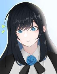 Rule 34 | 1girl, ado (utaite), aizcrest arts, black hair, black ribbon, blue background, blue eyes, blue flower, blue hair, blue rose, blush, chando (ado), cloud nine inc, collared shirt, colored inner hair, commentary, corrupted twitter file, flower, flower brooch, gradient background, hair between eyes, hashtag-only commentary, highres, long hair, looking at viewer, mole, mole under eye, multicolored hair, neck ribbon, open mouth, outline, ribbon, rose, shirt, sidelighting, sidelocks, solo, two-tone hair, utaite, white background, white shirt, yellow outline