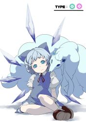 Rule 34 | 1girl, alolan form, alolan ninetales, black footwear, blue bow, blue eyes, blue hair, bow, cirno, closed mouth, commentary, creatures (company), crossover, detached wings, full body, game freak, gen 1 pokemon, gen 7 pokemon, hair bow, highres, ice, ice wings, looking at viewer, ninetales, nintendo, pokemon, pokemon (creature), potato pot, power connection, short hair, simple background, sitting, touhou, white background, wings