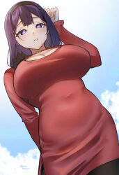 Rule 34 | 1girl, black hairband, blue eyes, breasts, cleavage, covered navel, day, from below, hairband, heart, heart-shaped pupils, highres, large breasts, long hair, long sleeves, looking at viewer, looking down, original, outdoors, pantyhose, pinepin, purple hair, red shirt, shirt, sky, smile, solo, symbol-shaped pupils, twitter username