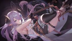 Rule 34 | 1girl, belt, blue eyes, boots, breasts, bug, butterfly, commission, draph, granblue fantasy, hair ornament, hair over one eye, hairclip, highres, holding, holding sword, holding weapon, horn ornament, horns, insect, katana, large breasts, long hair, narmaya (granblue fantasy), purple hair, sideboob, solo, sword, thigh boots, tolfobak2, weapon
