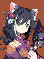 Rule 34 | 1girl, animal ear fluff, animal ears, black flower, black hair, blush, braid, brown background, cat ears, closed mouth, commentary request, floral print, flower, grey hair, hair between eyes, hair flower, hair ornament, hand up, holding, japanese clothes, karyl (new year) (princess connect!), karyl (princess connect!), kimono, long hair, long sleeves, looking at viewer, multicolored hair, princess connect!, print kimono, purple kimono, red flower, shadowsinking, simple background, solo, streaked hair, upper body, v-shaped eyebrows, white flower