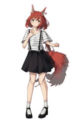 Rule 34 | 1girl, absurdres, alternate costume, alternate hair length, alternate hairstyle, animal ears, arknights, black footwear, black shirt, black skirt, blouse, blush, casual, ear tag, flametail (arknights), full body, hand up, high heels, highres, looking at viewer, pleated skirt, red hair, shirt, short hair, short sleeves, simple background, skirt, smile, socks, solo, squirrel ears, squirrel girl, squirrel tail, standing, striped clothes, striped shirt, suspender skirt, suspenders, tachi-e, tail, togekk0, two-tone shirt, white background, white shirt, white socks, yellow eyes