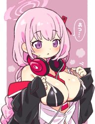 Rule 34 | 1girl, :o, bare shoulders, black bra, black jacket, blue archive, blush, bra, braid, braided ponytail, breast zipper, commentary, eimi (blue archive), halo, headphones, headphones around neck, jacket, long hair, long sleeves, low ponytail, onyhakase, parted lips, pink background, pink eyes, pink hair, pink halo, revealing clothes, shirt, sleeves past wrists, solo, translated, underwear, upper body, white shirt, zipper