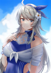 Rule 34 | 1girl, ahoge, akagi kurage, blue hairband, blue one-piece swimsuit, bracelet, breasts, cloud, crop top, day, grey eyes, grey hair, hair between eyes, hair ornament, hairband, hand on own chest, highres, jewelry, kantai collection, large breasts, long hair, one-piece swimsuit, outdoors, shirt, short sleeves, sidelocks, sky, smile, solo, star (symbol), swimsuit, tied shirt, washington (kancolle), white shirt