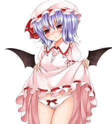 Rule 34 | 1girl, bad id, bad pixiv id, bat wings, blue hair, blush, bow, bow panties, clothes lift, dress, dress lift, female focus, flapping, hat, hat ribbon, heart, panties, pink dress, puffy sleeves, red eyes, remilia scarlet, ribbon, scarlet 0915, solo, touhou, underwear, uu~, white panties, wings