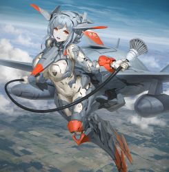 Rule 34 | 1girl, ace combat, aircraft, airplane, boots, breasts, cloud, commentary request, flying, highres, holding, jet, large breasts, mecha musume, navel, open mouth, orange eyes, personification, refueling, robot, sky, solo, tom-neko (zamudo akiyuki), tube, weapon