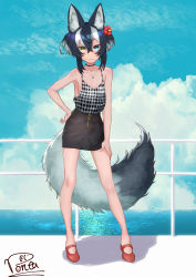 Rule 34 | 1girl, absurdres, alternate costume, animal ear fluff, animal ears, bare arms, bare shoulders, black choker, black hair, black skirt, blue eyes, blue sky, breasts, casual, choker, cleavage, cloud, commentary, day, fang, fang out, flower, full body, grey hair, grey wolf (kemono friends), hair between eyes, hair flower, hair ornament, hand on own hip, hand on own thigh, heterochromia, highres, jewelry, kemono friends, looking at viewer, medium breasts, multicolored hair, necklace, outdoors, ponta (matsuokazieg), railing, red footwear, shoes, short hair, signature, skin fang, skirt, sky, sleeveless, smile, solo, standing, streaked hair, tail, two side up, water, wolf ears, wolf tail, yellow eyes