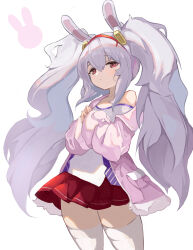 Rule 34 | 1girl, absurdres, animal ears, azur lane, closed mouth, collarbone, dot mouth, fake animal ears, hair between eyes, hairband, highres, jacket, kesseil, laffey (azur lane), light purple hair, long hair, looking at viewer, off-shoulder jacket, off shoulder, open clothes, open jacket, own hands together, pink jacket, pleated skirt, rabbit ears, red eyes, red hairband, red skirt, shirt, sidelocks, skirt, solo, standing, steepled fingers, thighhighs, twintails, upper body, very long hair, white shirt, white thighhighs