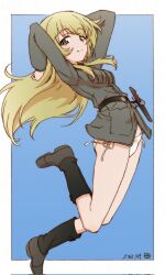 Rule 34 | 1girl, anzio military uniform, arms behind head, bikini, blonde hair, blue background, border, breast pocket, breasts, brown footwear, carpaccio (girls und panzer), commentary request, corrupted twitter file, dagger, erakin, girls und panzer, groin, highres, knife, long hair, looking at viewer, medium breasts, midriff peek, outside border, pocket, sheath, sheathed, side-tie bikini bottom, sidelocks, smile, solo, swimsuit, thighs, weapon, white border, yellow eyes