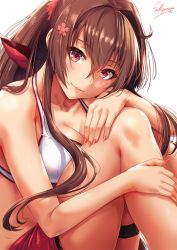 Rule 34 | 1girl, artist name, bikini, blush, breasts, brown hair, cleavage, closed mouth, collarbone, flower, hair between eyes, hair flower, hair intakes, hair ornament, hand on own knee, highres, kantai collection, knees up, large breasts, lips, long hair, looking at viewer, nail polish, purple eyes, red nails, sakiyamama, sarong, sidelocks, simple background, smile, solo, swimsuit, thigh strap, very long hair, white background, white bikini, yamato (kancolle)