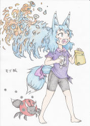 Rule 34 | 1girl, :d, absurdres, animal ears, bag, barefoot, bike shorts, blue eyes, blue hair, blush, bow, bug, commentary request, creature, doitsuken, drinking straw, fangs, fox ears, fox tail, heart, heart in mouth, highres, holding, bug, ladybug, long hair, open mouth, original, pink bow, purple shirt, red pupils, scan, shirt, short sleeves, smile, solo, standing, tail, tail bow, tail ornament, traditional media, translation request, walking