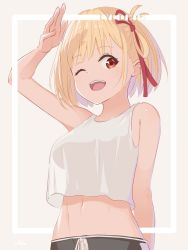 Rule 34 | 1girl, ;d, anho, arm behind back, arm up, blonde hair, breasts, copyright name, crop top, crop top overhang, framed, grey shorts, hair ribbon, hand up, looking at viewer, lycoris recoil, medium breasts, midriff, navel, nishikigi chisato, one eye closed, open mouth, red eyes, red ribbon, ribbon, see-through silhouette, shirt, short hair, shorts, signature, sleeveless, sleeveless shirt, smile, solo, stomach, white shirt