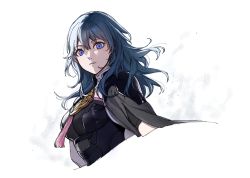 Rule 34 | 1girl, armor, armored dress, blue eyes, blue hair, breasts, byleth (female) (fire emblem), byleth (fire emblem), cape, clovisxvii, fire emblem, fire emblem: three houses, floating hair, hair between eyes, high collar, highres, looking at viewer, medium breasts, medium hair, nintendo, simple background, solo, upper body, white background