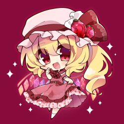 Rule 34 | 1girl, :d, belt, belt buckle, blonde hair, bow, bowtie, buckle, chibi, clothes lift, commentary, crystal wings, dress, dress lift, fang, flandre scarlet, food, food print, frilled dress, frills, fruit, full body, gem, hand up, hat, hat bow, hat ribbon, highres, holding, holding food, holding fruit, layered dress, looking at viewer, misosiru 0224, mob cap, open mouth, print dress, red background, red belt, red bow, red bowtie, red dress, red eyes, red gemstone, red ribbon, ribbon, side ponytail, simple background, smile, socks, solo, sparkle, strawberry, strawberry print, touhou, white hat, white socks, wings