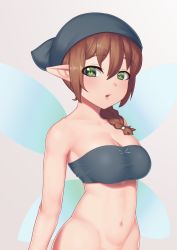 Rule 34 | 1girl, :o, bandeau, bare shoulders, black headwear, blue wings, braid, breasts, brown hair, cleavage, commentary request, earrings, fairy wings, green eyes, grey background, hair over shoulder, highres, ishuzoku reviewers, jewelry, long hair, medium breasts, navel, open mouth, pointy ears, putcher, simple background, single braid, solo, strapless, tube top, upper body, wings