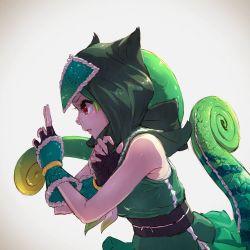 Rule 34 | 10s, 1girl, backlighting, bare shoulders, black gloves, chameleon tail, colored skin, commentary, fingerless gloves, from side, gloves, green hair, green skin, green skirt, highres, hood, hood up, kemono friends, lizard tail, long hair, nose, panther chameleon (kemono friends), pleated skirt, profile, realistic, red eyes, sash, scales, simple background, skirt, solo, tail, takami masahiro, upper body, white background