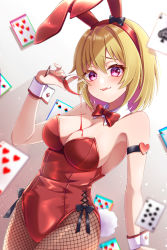 Rule 34 | 1girl, ace (playing card), ace of spades, aged up, alcohol, animal ears, blonde hair, bow, bowtie, breasts, brown pantyhose, card, cleavage, commentary request, cowboy shot, cup, detached collar, drinking glass, fishnet pantyhose, fishnets, highres, higurashi no naku koro ni, houjou satoko, large breasts, leotard, nekko (nxtuko), pantyhose, playboy bunny, playing card, pouring, rabbit ears, rabbit tail, red bow, red bowtie, red eyes, red leotard, red wine, short hair, solo, spade (shape), tail, tongue, tongue out, wine, wine glass, wrist cuffs