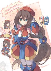 Rule 34 | 1girl, android, bad id, bad twitter id, beret, blush, breasts, brother and sister, brown hair, chibi, colonel (mega man), dress, green eyes, gun, hair between eyes, hands in hair, hat, holding, holding weapon, iris (mega man), large breasts, long hair, low-tied long hair, machine gun, mega man (series), mega man x4, mega man x (series), mega man x dive, military hat, multiple views, open mouth, rento (rukeai), siblings, simple background, smile, solo focus, translation request, very long hair, weapon, x (mega man), zero (mega man)