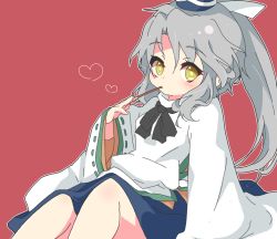 Rule 34 | 1girl, dress, food, grey hair, hat, heart, japanese clothes, kamome, kariginu, mononobe no futo, pocky, ponytail, red background, short hair, simple background, skirt, smile, solo, tate eboshi, touhou, wide sleeves, yellow eyes