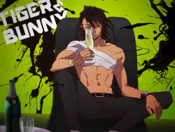Rule 34 | 10s, 1boy, alcohol, bandages, brown eyes, brown hair, chair, couch, cup, drinking glass, facial hair, hanehito, kaburagi t. kotetsu, male focus, topless male, short hair, sitting, solo, stubble, tiger &amp; bunny, watch, wine glass, wristwatch