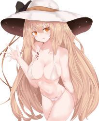 Rule 34 | 1girl, absurdres, bikini, blonde hair, blush, breasts, girls&#039; frontline, hat, highres, long hair, looking at viewer, m37 (girls&#039; frontline), m37 (summer parader) (girls&#039; frontline), medium breasts, navel, official alternate costume, open mouth, orange eyes, ru zhai, simple background, solo, standing, swimsuit, tattoo, very long hair, white background, white bikini