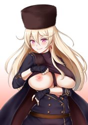 1girl areola_slip belt between_breasts black_coat black_dress black_gloves black_hat black_shirt blonde_hair blush breasts closed_mouth coat dress earrings fingerless_gloves fur_hat girls&#039;_frontline gloves gradient_background hair_between_eyes hat highres jewelry kamui_aya large_breasts long_hair looking_at_viewer mole mole_under_eye nipples one_breast_out open_clothes open_coat open_dress papakha pink_eyes ptrd_(girls&#039;_frontline) shirt smile solo turtleneck underboob upper_body