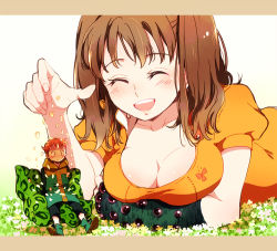 Rule 34 | 10s, 1boy, 1girl, :d, ^ ^, bad id, bad pixiv id, blush, bodysuit, boots, breasts, brown eyes, brown hair, capri pants, cleavage, closed eyes, collarbone, diane (nanatsu no taizai), downblouse, falling petals, field, flower, flower field, from side, full body, giant, giantess, gradient background, guttary, happy, jacket, king (nanatsu no taizai), large breasts, leotard, letterboxed, long hair, looking at viewer, lying, nanatsu no taizai, open mouth, outdoors, pants, petals, pillow, puffy short sleeves, puffy sleeves, round teeth, short hair, short sleeves, sitting, size difference, smile, teeth, twintails, unfastened, upper body, upper teeth only, white background