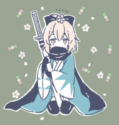 Rule 34 | 1girl, black bow, black scarf, black thighhighs, blonde hair, bow, commentary, covered mouth, dango, fate/grand order, fate (series), floral background, food, food-themed background, full body, green background, hair bow, haori, high ponytail, holding, holding sheath, holding sword, holding weapon, hori00, japanese clothes, katana, kimono, light blush, looking at viewer, notice lines, hugging object, okita souji (fate), okita souji (koha-ace), outline, raised eyebrows, sanshoku dango, scarf, seiza, sheath, sheathed, shinsengumi, short kimono, sitting, solo, straight-on, sword, symbol-only commentary, thighhighs, wagashi, weapon, white kimono, white outline, yellow eyes
