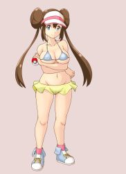 Rule 34 | 1girl, bikini, bikini shorts, blue eyes, blue footwear, breast hold, breasts, brown hair, closed mouth, commentary, covered erect nipples, creatures (company), cross-laced footwear, crossed arms, double bun, game freak, grey background, grey bikini, groin, hair bun, hat, highres, holding, holding poke ball, large breasts, long hair, looking at viewer, mismatched bikini, navel, nintendo, pink hat, pink socks, poke ball, poke ball (basic), pokemon, pokemon bw2, rosa (pokemon), shoes, shorts, sidelocks, simple background, skindentation, smile, sneakers, socks, solo, standing, string bikini, swimsuit, tof, twintails, very long hair, visor cap, yellow shorts