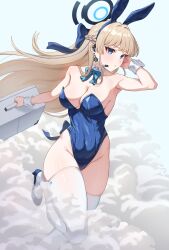 Rule 34 | 1girl, animal ears, blonde hair, blue archive, blue bow, blue bowtie, blue eyes, bow, bowtie, braid, breasts, cleavage, detached collar, earpiece, fake animal ears, halo, highres, kadokadokado, medium breasts, multicolored hair, official alternate costume, parted lips, rabbit ears, solo, streaked hair, thighhighs, toki (blue archive), toki (bunny) (blue archive), white thighhighs, wrist cuffs