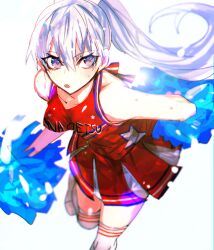 Rule 34 | 1girl, alternate costume, alternate hairstyle, blush, breasts, cheerleader, chromatic aberration, collarbone, dress, eyelashes, foot out of frame, grey hair, highres, holding, holding pom poms, impossible clothes, leaning forward, long hair, medium breasts, monogatari (series), oikura sodachi, open mouth, pleated dress, pom pom (cheerleading), pom poms, ponytail, red dress, short dress, sleeveless, sleeveless dress, solo, standing, standing on one leg, sweatdrop, tbrsnsk, thighhighs, white footwear, white thighhighs