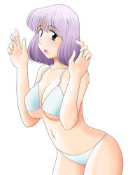 Rule 34 | 00s, 1girl, aged up, bikini, breasts, hands up, large breasts, open mouth, purple eyes, purple hair, sage tory, sannomiya shiho, simple background, solo, swimsuit, white background, zettai karen children