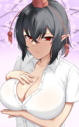 Rule 34 | 1girl, arm under breasts, black hair, blurry, blurry background, breasts, bunsuirei, cherry blossoms, cleavage, closed mouth, collarbone, crossed bangs, expressionless, hair between eyes, hand on own chest, hand up, hat, highres, large breasts, light blush, looking at viewer, pointy ears, red eyes, see-through, shameimaru aya, shirt, short hair, short sleeves, solo, tassel, tokin hat, touhou, upper body, white shirt