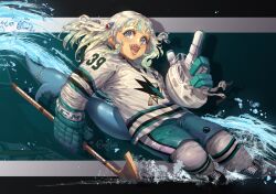 Rule 34 | 1girl, blue eyes, blue shorts, empikuro, fangs, fins, fish tail, gawr gura, gloves, hair ornament, hairpin, helmet, highres, hockey mask, hockey stick, hololive, hololive english, ice skates, ice skating, jersey, logo, mask, multicolored hair, name connection, national hockey league, open mouth, san jose sharks, shark, shark girl, shark hair ornament, shark tail, sharp teeth, shorts, skates, skating, smile, sportswear, streaked hair, tail, teeth, virtual youtuber, water, white hair, white uniform