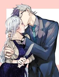 Rule 34 | 1boy, 1girl, apron, blush, braid, brynhildr (fate), casual, kissing cheek, fate/grand order, fate (series), formal, glasses, jewelry, kiss, kitchen knife, long hair, multicolored hair, necktie, rata to, ring, sigurd (fate), suit, two-tone hair, watch, wristwatch