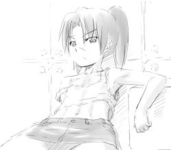 Rule 34 | 00s, 1girl, ahashi, amasawa yuuko, bare shoulders, dennou coil, female focus, flat chest, leaning back, looking at viewer, miniskirt, monochrome, navel, skirt, sleeveless, solo, tagme