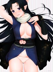 Rule 34 | 1girl, arm warmers, artist name, bad id, bad pixiv id, bandages, black hair, blue eyes, blush, breasts, cameltoe, eyeliner, hand on own chest, highres, long hair, lying, makeup, medium breasts, obi, open clothes, original, panties, parted bangs, pointy ears, sash, shiny skin, smile, solo, striped, striped background, thighhighs, underwear, vertical stripes, very long hair, weyowang, white panties, white thighhighs