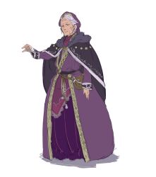 Rule 34 | 1girl, atelier (series), atelier firis, aurelie bluch, belt pouch, black eyes, cape, closed mouth, dress, full body, grey hair, hand up, long sleeves, official art, old, old woman, pouch, purple cape, purple dress, second-party source, short hair, simple background, solo, standing, transparent background, yuugen