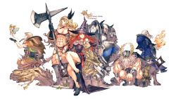 Rule 34 | 3boys, 3girls, abs, amazon (dragon&#039;s crown), armor, beard, bikini, bikini armor, blonde hair, boots, bow (weapon), braid, breasts, copyright name, dragon&#039;s crown, dwarf (dragon&#039;s crown), elf (dragon&#039;s crown), everyone, facial hair, fake horns, feathers, fire, full armor, gloves, hammer, hat, helmet, highres, horned helmet, horns, long hair, multiple boys, multiple girls, muscular, muscular female, pointy ears, pteruges, red hair, skeleton, sorceress (dragon&#039;s crown), swimsuit, thigh boots, thighhighs, tiki (dragon&#039;s crown), twin braids, weapon, white background, white hair, winged helmet, witch hat, wizard (dragon&#039;s crown), yoshida tooru